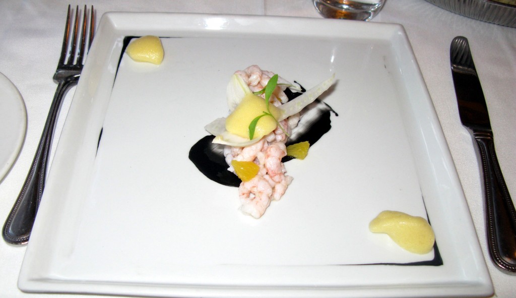 Gaspesian shrimp with fennel, orange, coriander, black squid ink yogurt, and passion fruit emulsion  