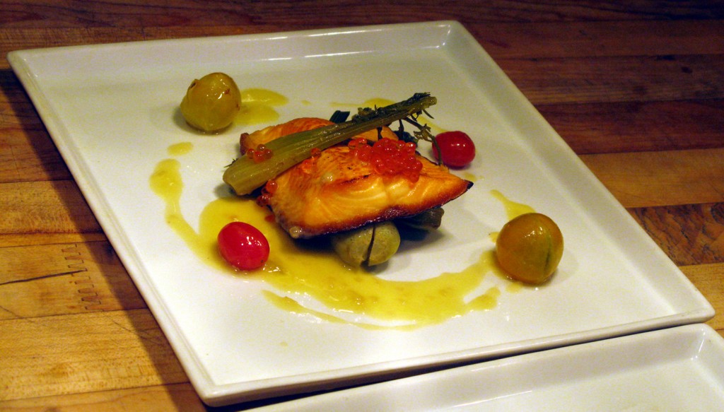 Icelandic char with braised fennel, cherry tomatoes, and lobster bisque sauce